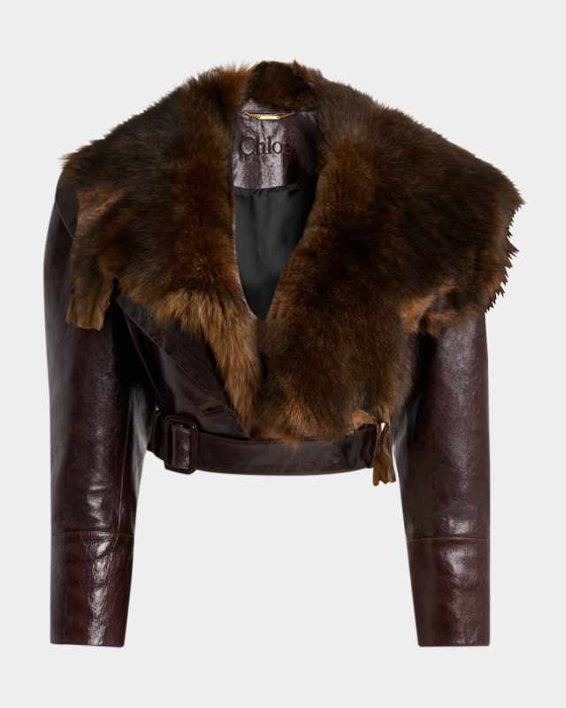 Shiny Leather Crop Moto Jacket With Removable Lamb Shearling Collar